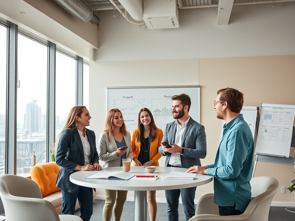 Группа из пяти человек обсуждает идеи в современном офисе. На столе документы и чашка с кофе.