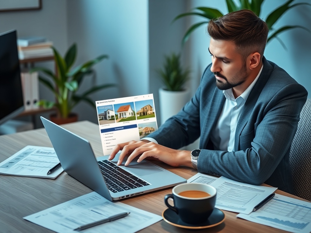 Молодой мужчина в костюме работает на ноутбуке с сайтами недвижимости, окружённый документами и чашкой кофе.