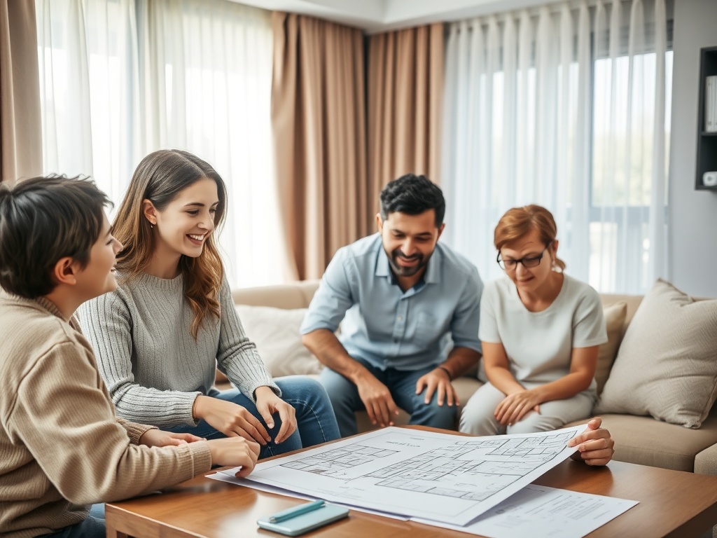 Группа людей обсуждает планы на столе в уютной комнате с большими окнами и мягкими диванами.