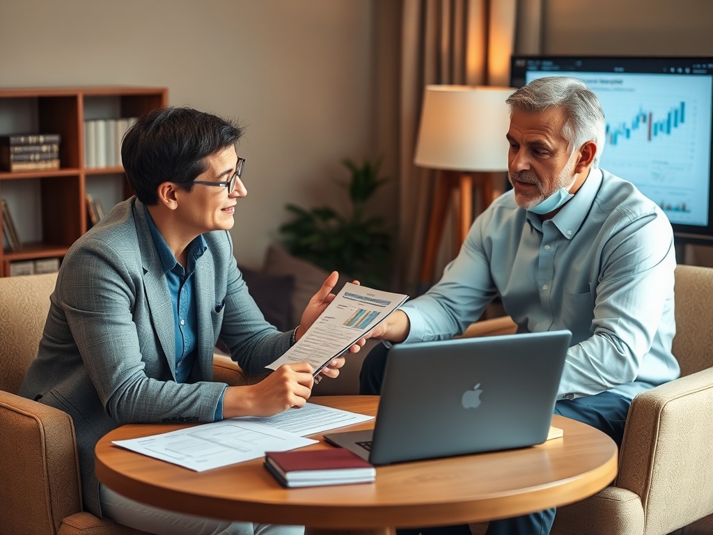 Деловая встреча: женщина и мужчина обсуждают документы с графиками за круглым столом в офисе.