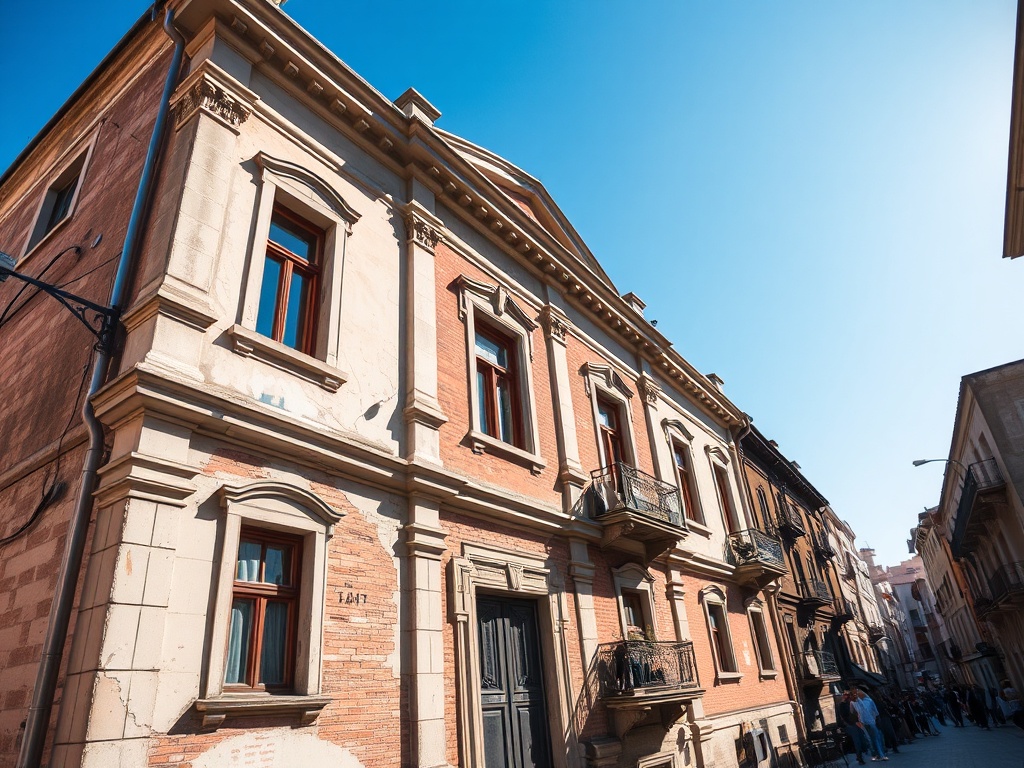 Жилое здание с балконами, расположенное на узкой улице под ясным голубым небом.