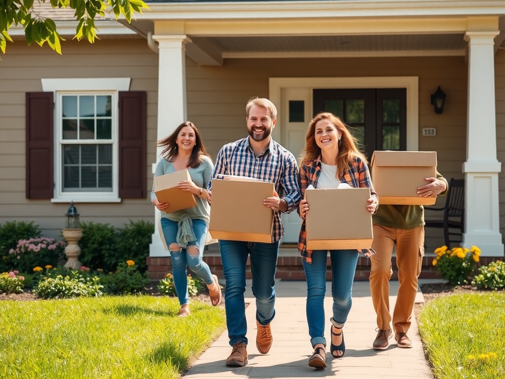 Четыре человека с коробками идут к дому, улыбаются и радуются, солнечный день, зелёная трава.