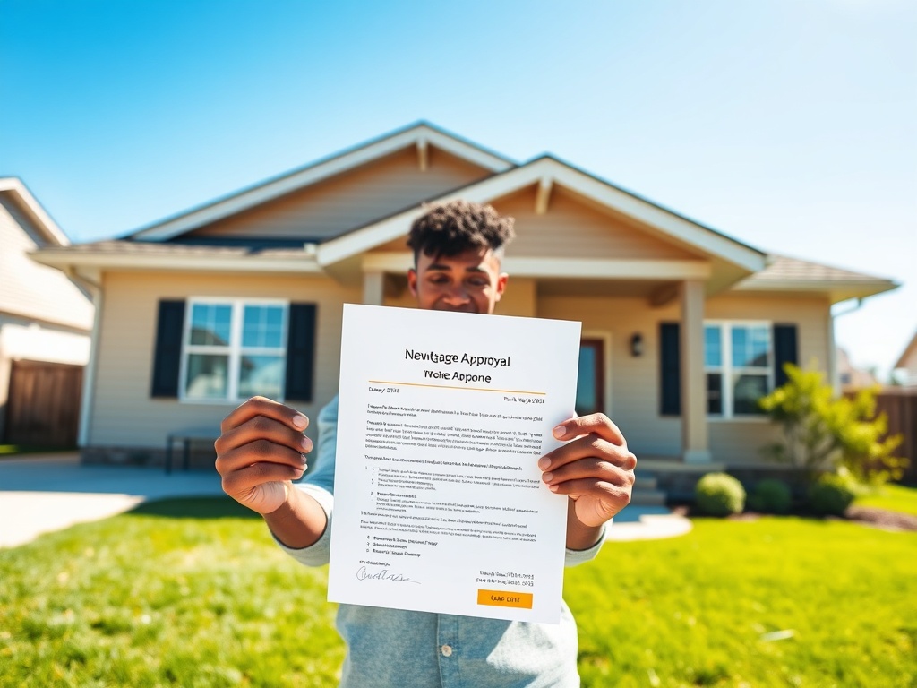 Человек держит одобрение рядом с домом на фоне зелёного газона и ясного неба.