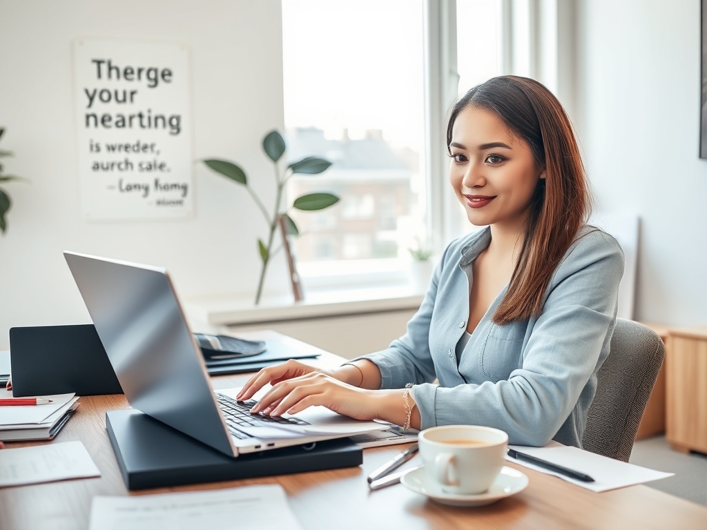 Женщина работает за ноутбуком в светлом офисе, на столе находятся бумаги и чашка кофе.