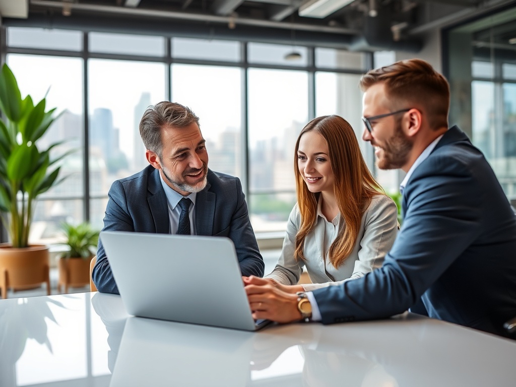 Трое людей в деловых костюмах обсуждают проект за ноутбуком в офисе с красивым видом на город.