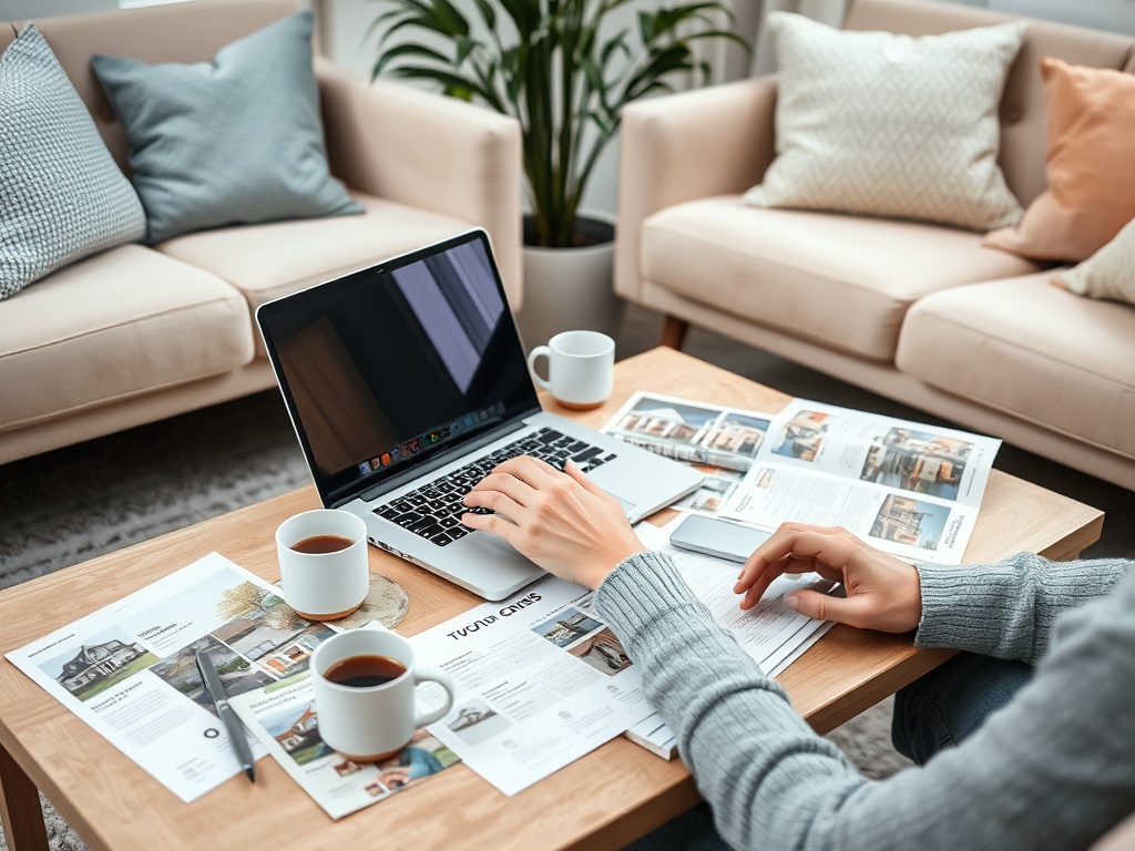 Человек работает за столом с ноутбуком, чашками кофе и печатными материалами о недвижимости. В комнате уютно.